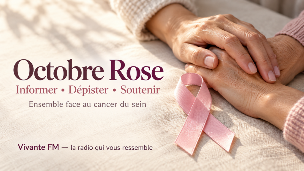 Ruban rose et mains réunies en signe de soutien, avec le message « Octobre Rose — Informer, Dépister, Soutenir » et la signature Vivante FM.