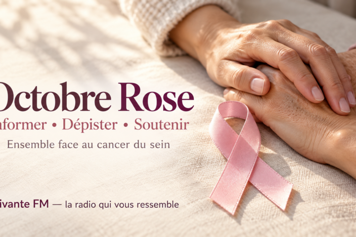 Ruban rose et mains réunies en signe de soutien, avec le message « Octobre Rose — Informer, Dépister, Soutenir » et la signature Vivante FM.